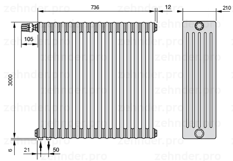 Схема (чертеж) Радиатор Zehnder Charleston 6300/16 №V001 Белый глянцевый RAL 9016